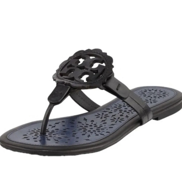 Tory Burch Miller Scallop Leather Sandals Navy Blue/Black Slide Women’s Size 10 - Picture 1 of 9